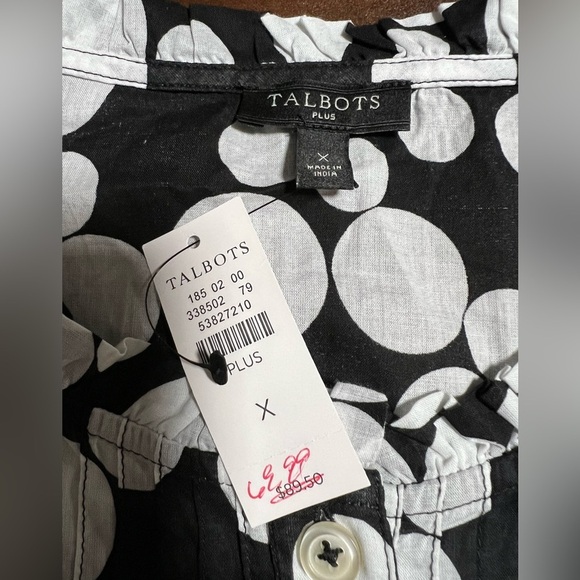 Talbots Plus Black White Long Sleeve Popover Top Size X Dots Lightweight Cotton - Picture 7 of 10